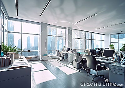 People working in large office in new build business and trading centre.Macro.AI Generative Stock Photo