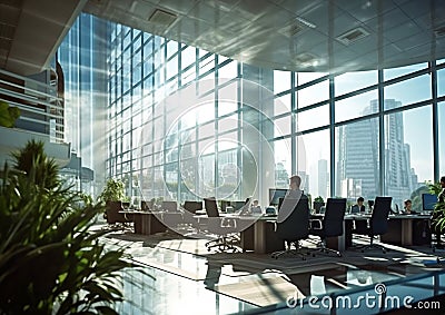 People working in large office in new build business and trading centre.Macro.AI Generative Stock Photo