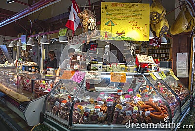 People Working Meat Deli Counter Buthcer Shop Granville Island Market Vancouver BC Editorial Stock Photo