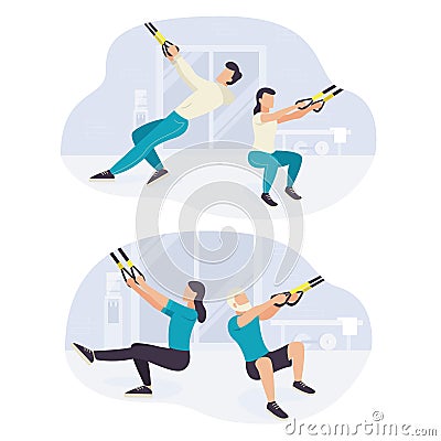 People working out on trx fitness training exercising Vector Illustration