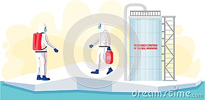 People working in research stations of global warming. Changing water level on planet concept Vector Illustration