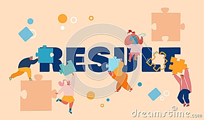 People Working on Result Concept. Businessmen and Businesswomen Characters Set Up Separated Puzzle Construction Vector Illustration