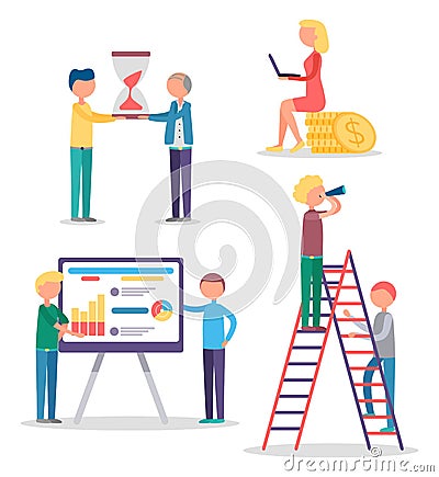 People Working on Startup Strategy and Analytics Vector Illustration