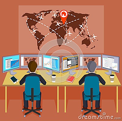 People on a workplace before the world map with indexes of the transport directions flat style. Vector Illustration