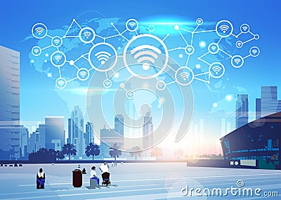 People world map internet wireless technology icon network futuristic interface online wifi connection concept skyline Vector Illustration