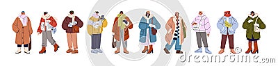 People wrap in winter clothes set. Persons wearing warm outfit in cold weather outdoor: hat, scarf, furry coat, mittens Vector Illustration