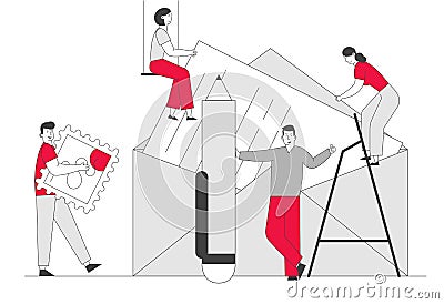 People Writing Letter Concept. Tiny Male and Female Characters with Pen and Postage Stamp Put Huge Paper Vector Illustration