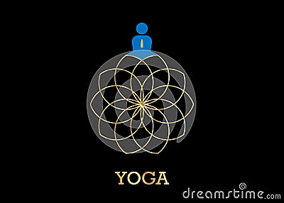 People Yoga Studio Logo and gold Lotus Flower. Emblem icon, Man in lotus pose icon and Health Spa Meditation Harmony Logotype Vector Illustration