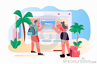 peoplem choosing and ordering tour online beach resort packages resting on sand beach summer vacation concept Vector Illustration