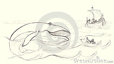 Peoples and blue whale. Pencil drawing Stock Photo