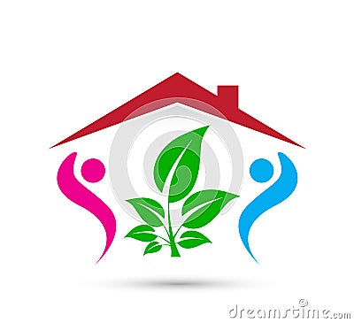 Peoples family together green leaf Eco Tree And Home Shape care Logo Design. Business, health. Stock Photo