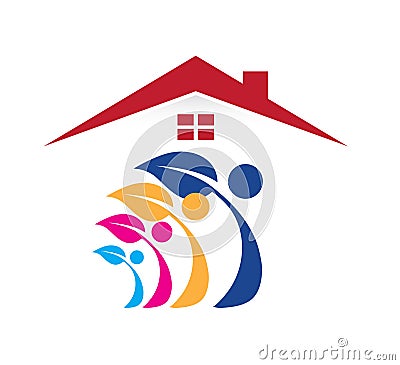 Peoples family together And Home Shape care Logo Design. Business, health. Stock Photo