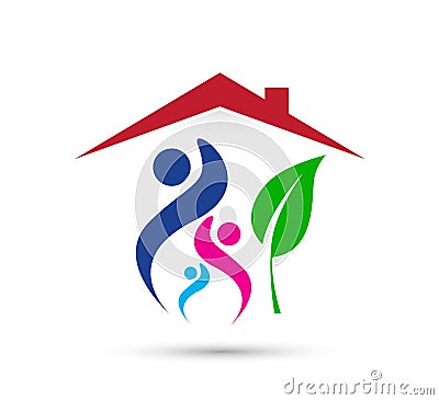 Peoples family together Tree And Home Shape care Logo Design. Business, health. Stock Photo