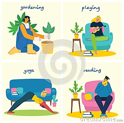 Peoples hobbies variety. Playing guitar, gardening, yoga and reading books vector illustration Cartoon Illustration