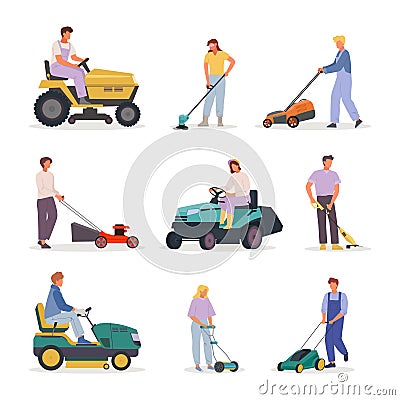 peoples with lawnmowers. simple minimalistic flat male characters with garden lawn mowers, mowing grass in garden Stock Photo