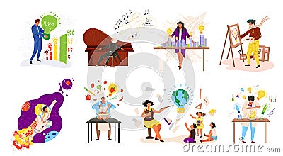Peoples professions ideas, work occupations job set with teacher, musician, cook, professional businessman isolated Vector Illustration
