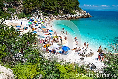 Peoples on Saliara (Marble) Beach on Thassos Island Greece Editorial Stock Photo