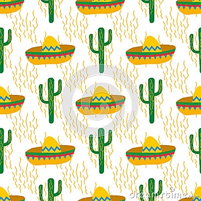 Seamless vector pattern with mexican festive symbols silhouettes: cactus, sombrero Stock Photo