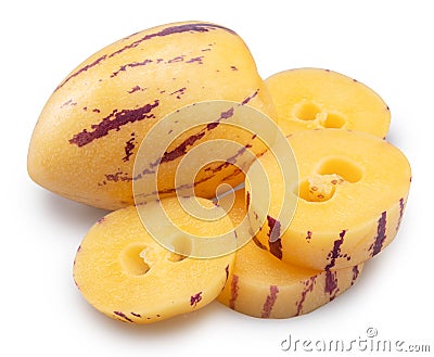 Pepino melon or pepino dulce and sliced fruit isolated on white background. Clipping path Stock Photo