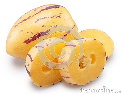 Pepino melon or pepino dulce and sliced fruit isolated on white background. Clipping path Stock Photo