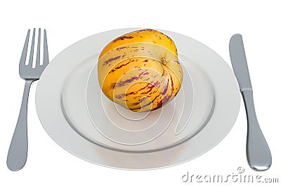 Pepino melon on plate with fork and knife, 3D rendering Stock Photo
