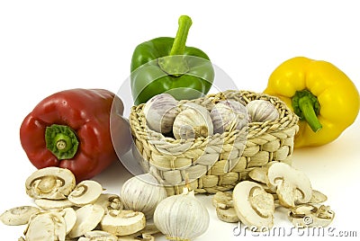 Pepper, garlics and champignon mushrooms Stock Photo