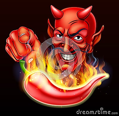 Flaming Hot Pepper and Pointing Devil Vector Illustration