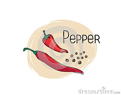 Pepper icon. Half and full spice pepper isolated on white background with lettering Chily Pepper Vegetable stylish drawn symbol Stock Photo