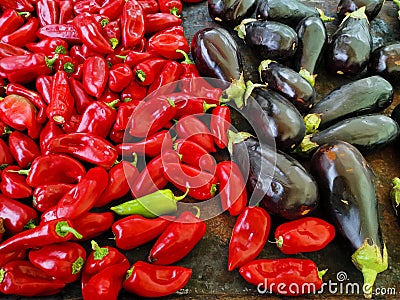 Pepper kapia and and eggplant on the hot plate Stock Photo