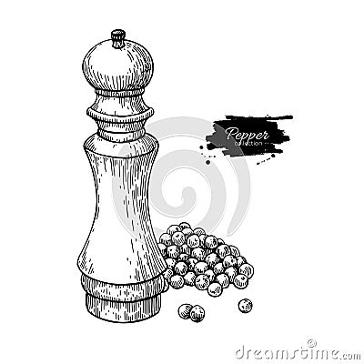Pepper mill with heap of peppercorn vector drawing. Seasoning and spice grinder sketch. Vector Illustration