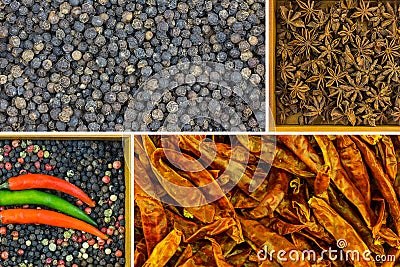 Pepper mix collage pink green white pepper peas flavoring spices, dry constellation starry anise crumbled peppers peppers paprika Stock Photo