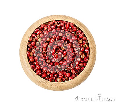 Pepper red peppercorns in wooden dish. Stock Photo