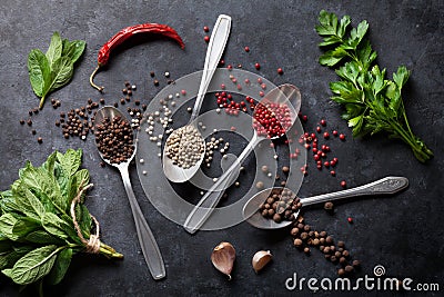 Pepper and salt spices, mint and parsley herbs Stock Photo