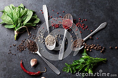 Pepper and salt spices. Mint and parsley herbs Stock Photo