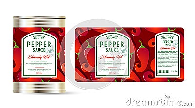 Pepper Sauce Extreme Hot label and packaging. Can with label. Vector Illustration