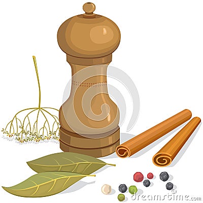 Pepper shakers, bay leaf, dill, cinnamon Vector Illustration