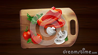 Pepper slices, mushrooms and tomatoes on a cutting board. Vector Illustration