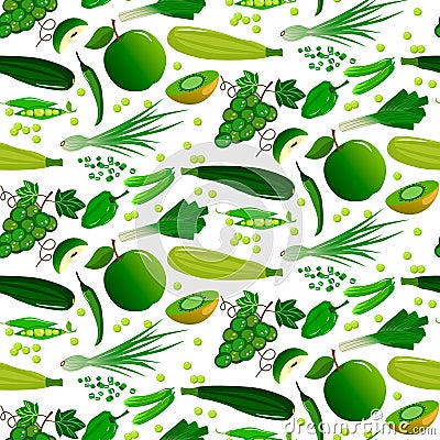 Pepper and squash, grapes and kiwi, green onions and peas. apple, cucumbers. Pattern with green vegetables and fruits Vector Illustration