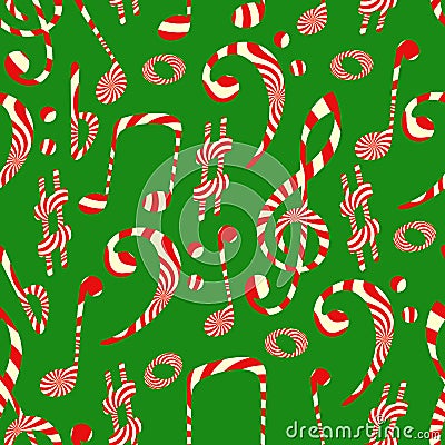 Peppermint candy finish of music symbols. Seamless pattern on green background. Christmas holiday wrapping paper Vector Illustration