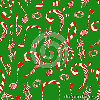 Peppermint candy finish of music symbols. Seamless pattern on green background. Vector Illustration