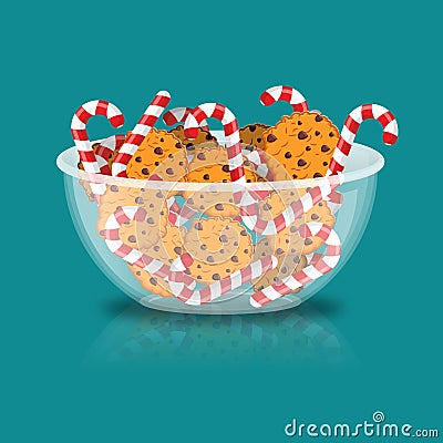 Peppermint Christmas candy and cookies in glass bowl. Cookie in Vector Illustration