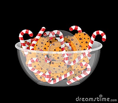 Peppermint Christmas candy and cookies in glass bowl. Cookie in Vector Illustration