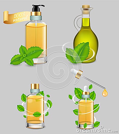 Peppermint essential oil set, vector realistic illustration Vector Illustration