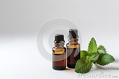 Peppermint Essential Oil In Small Brown Bottle Next To Peppermint On White Background. Generative AI Stock Photo