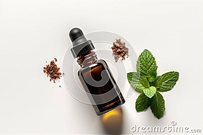 Peppermint Essential Oil In Small Brown Bottle Next To Peppermint On White Background, Top View. Generative AI Stock Photo