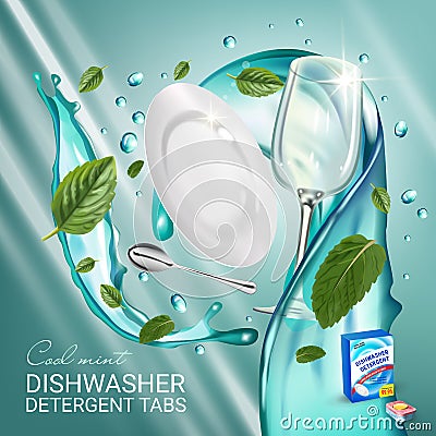 Vector realistic Illustration with dishes in water splash and mint leafs. Poster Vector Illustration