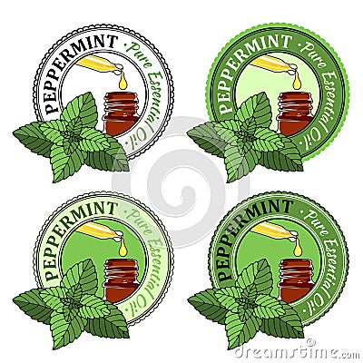 Peppermint. Set of essential oil labels. Cartoon Illustration