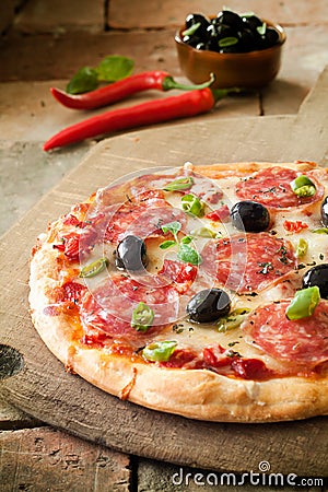 Pepperoni pizza with spicy salami Stock Photo