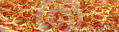 Pepperoni Pizza Texture Background, Salami Pizza with Green Paprika Pattern, XL Traditional Italian Flatbread Stock Photo