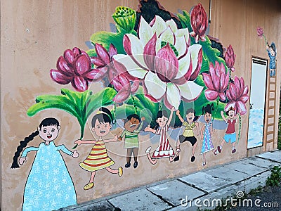 Perak, Malaysia - Febuary 23, 2021 : Mural painting on the building wall Editorial Stock Photo